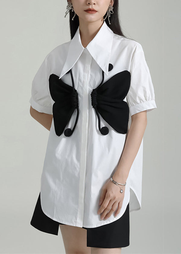 White Peter Pan Collar Butterfly Patchwork Cotton Shirts Top Summer