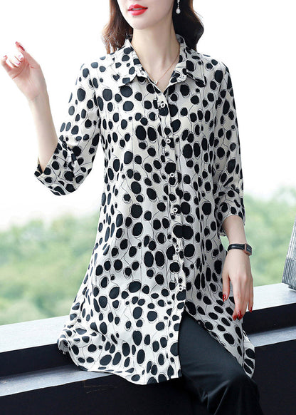 Women White Peter Pan Collar Button Dot Chiffon Shirt Tops Long sleeve
