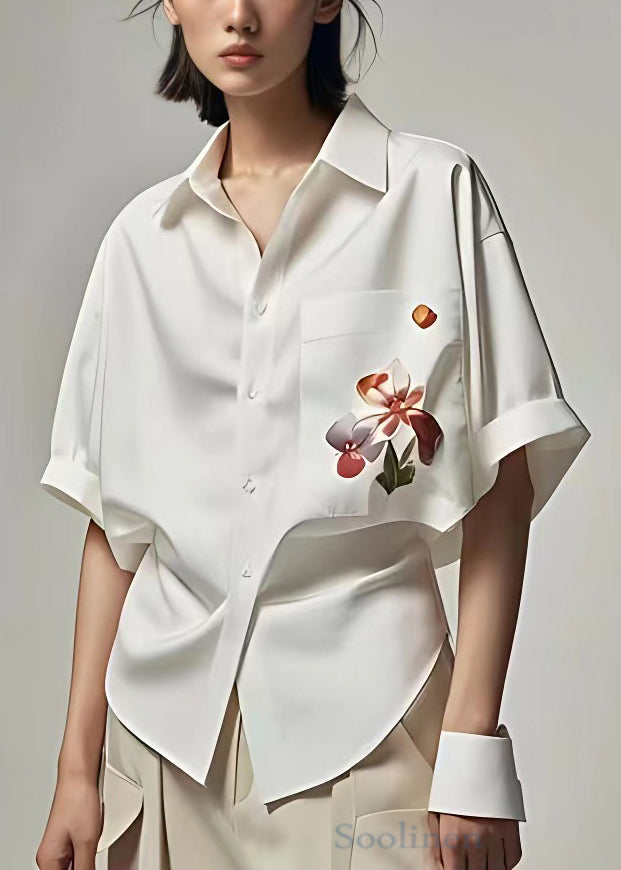 White Peter Pan Collar Button Print Cotton Shirt Summer