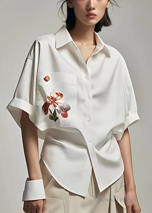 White Peter Pan Collar Button Print Cotton Shirt Summer