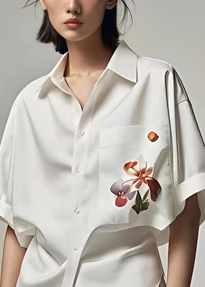 White Peter Pan Collar Button Print Cotton Shirt Summer