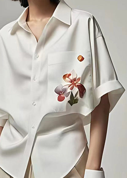 White Peter Pan Collar Button Print Cotton Shirt Summer