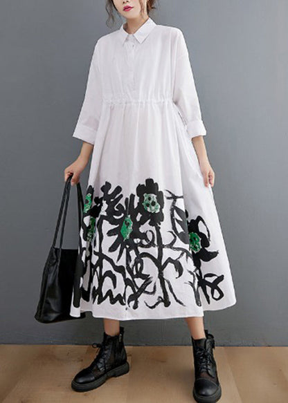 White Peter Pan Collar Button Pockets Shirt Dress Long Sleeve