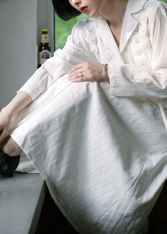 White Peter Pan Collar Tie Waist Cotton Dress Fall