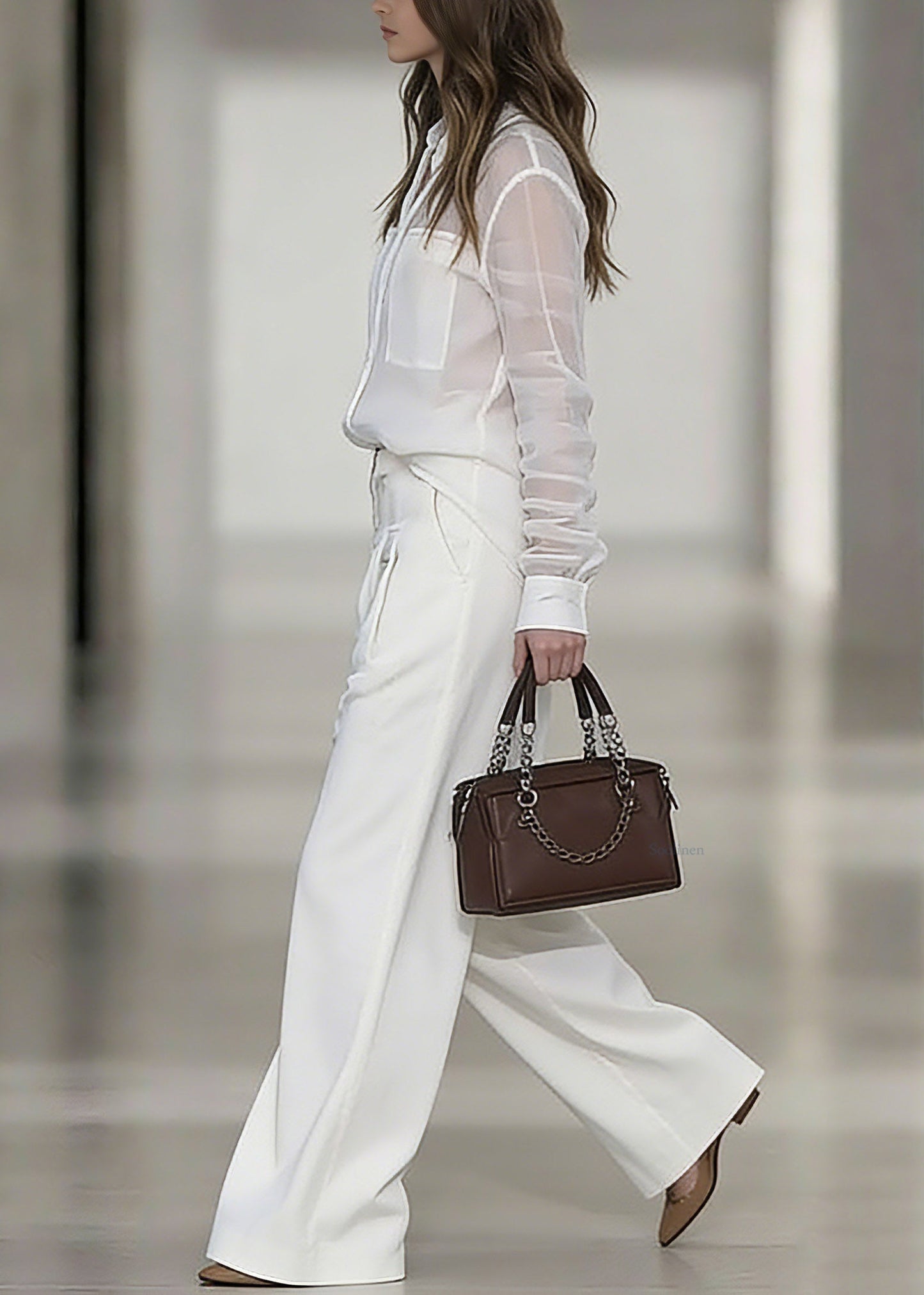 White Peter Pan Collar Linen Shirt and Wide Leg Pants Two Pieces Set Spring