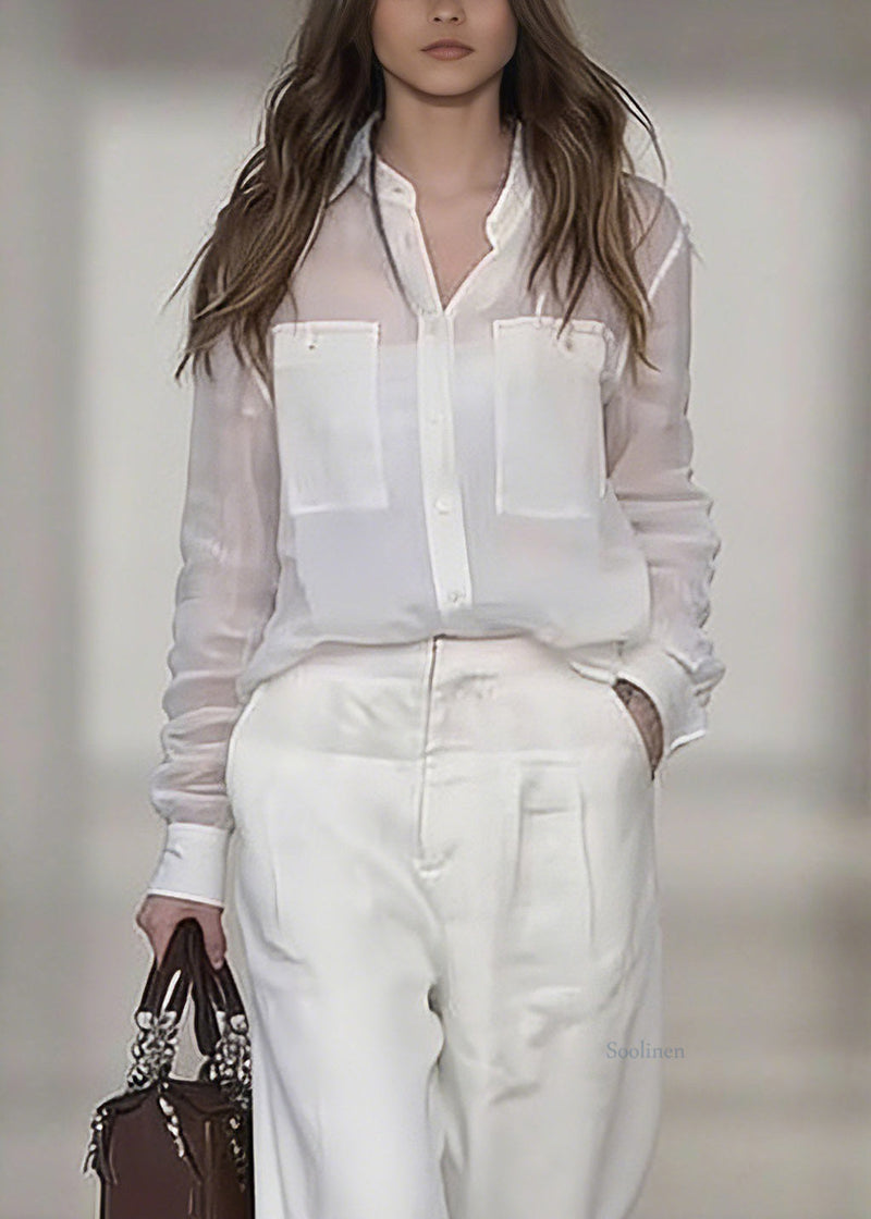 White Peter Pan Collar Linen Shirt and Wide Leg Pants Two Pieces Set Spring