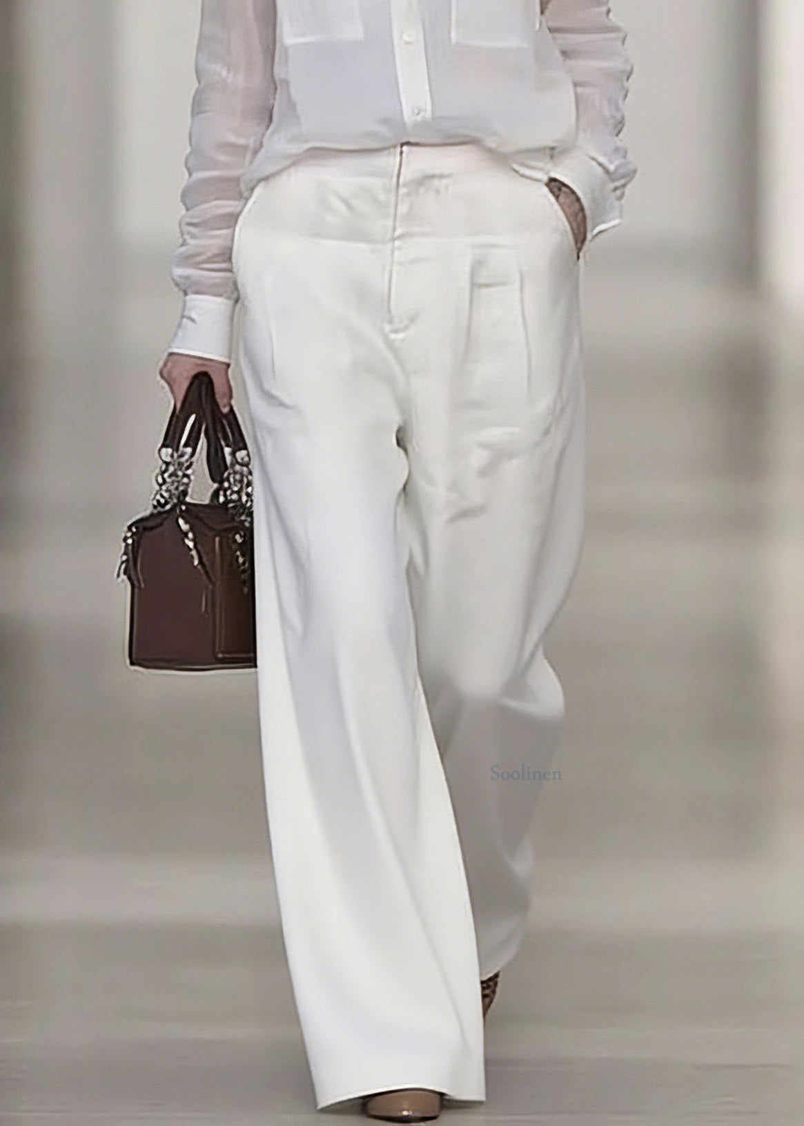 White Peter Pan Collar Linen Shirt and Wide Leg Pants Two Pieces Set Spring