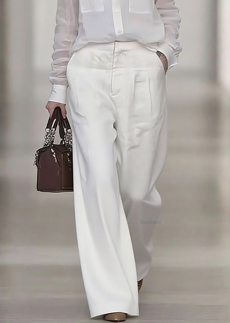 White Peter Pan Collar Linen Shirt and Wide Leg Pants Two Pieces Set Spring