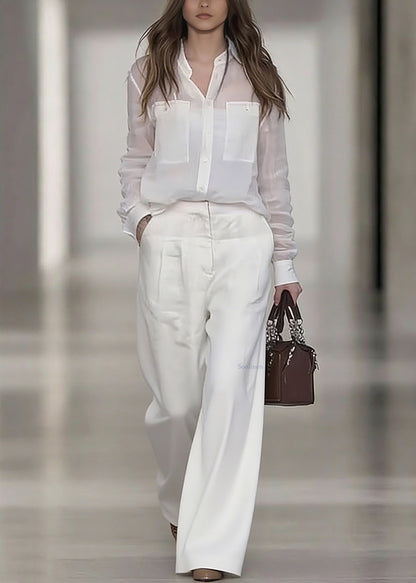 White Peter Pan Collar Linen Shirt and Wide Leg Pants Two Pieces Set Spring