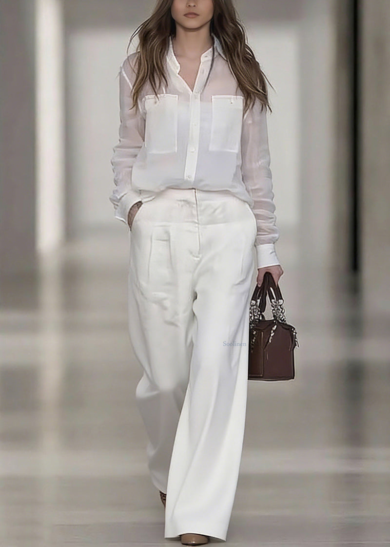 White Peter Pan Collar Linen Shirt and Wide Leg Pants Two Pieces Set Spring