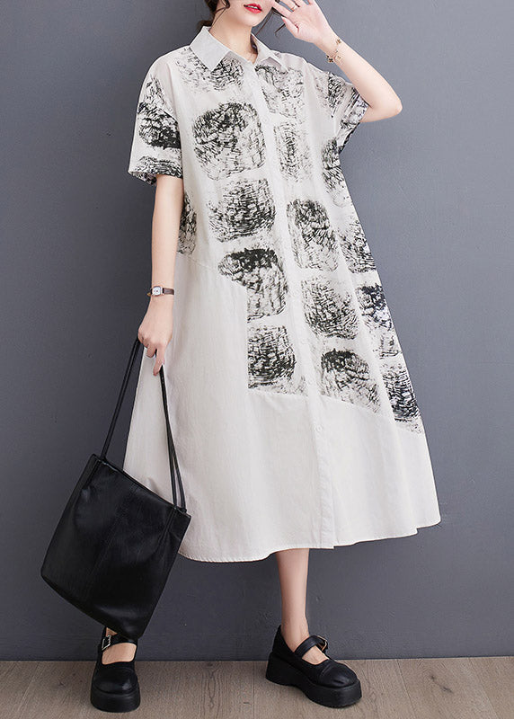White Peter Pan Collar Print Long Shirt Dress Summer