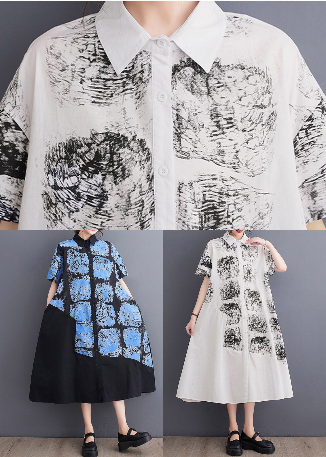 White Peter Pan Collar Print Long Shirt Dress Summer