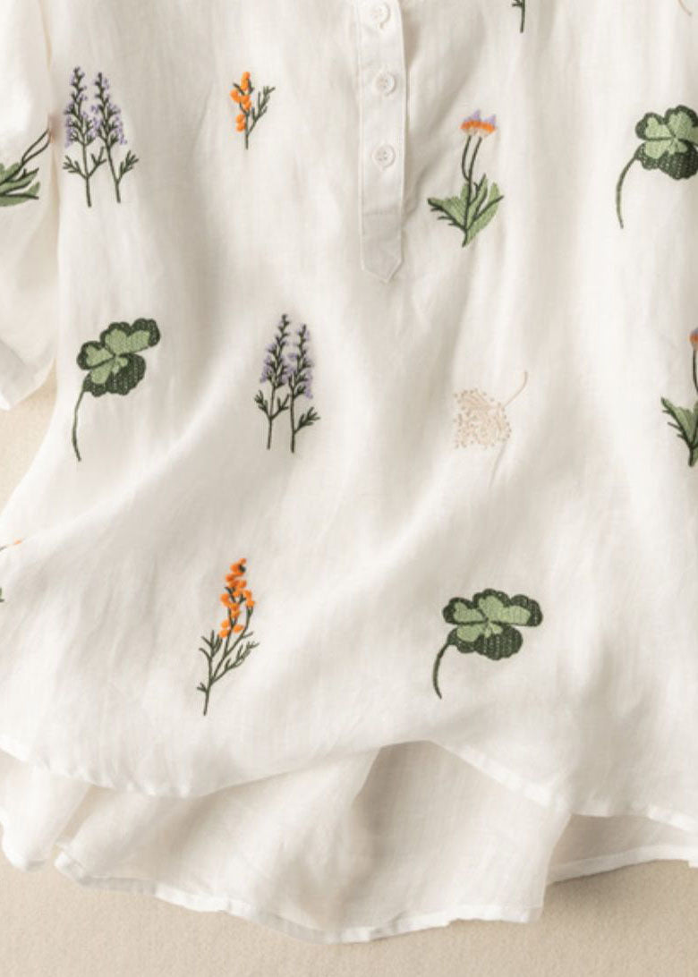 White Peter Pan Collar Print Patchwork Linen Shirt Top Summer