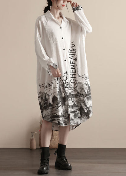White Peter Pan Collar Print Patchwork Linen Shirts Dresses Spring