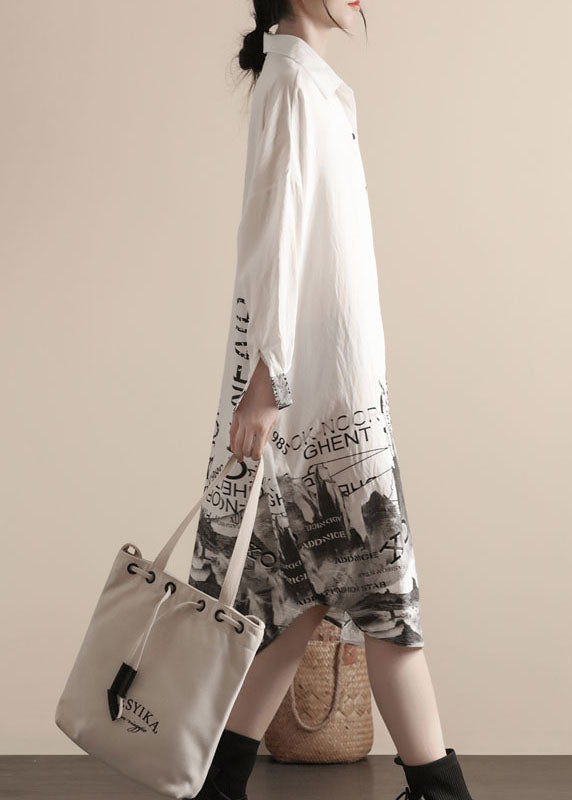 White Peter Pan Collar Print Patchwork Linen Shirts Dresses Spring