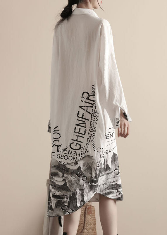 White Peter Pan Collar Print Patchwork Linen Shirts Dresses Spring