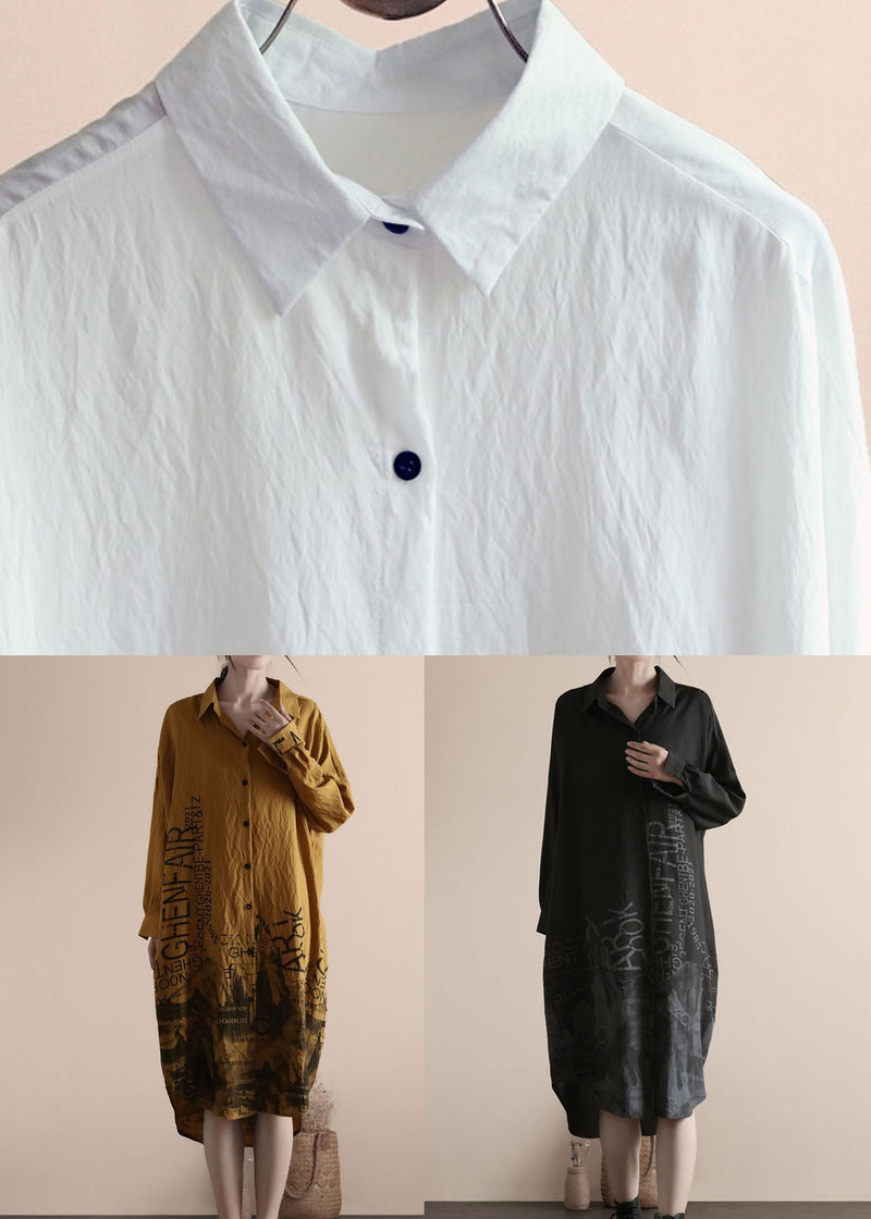White Peter Pan Collar Print Patchwork Linen Shirts Dresses Spring