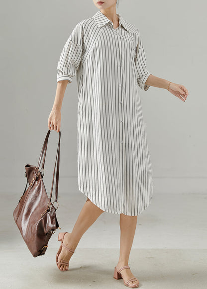 White Peter Pan Collar Striped Cotton Shirt Dresses Spring