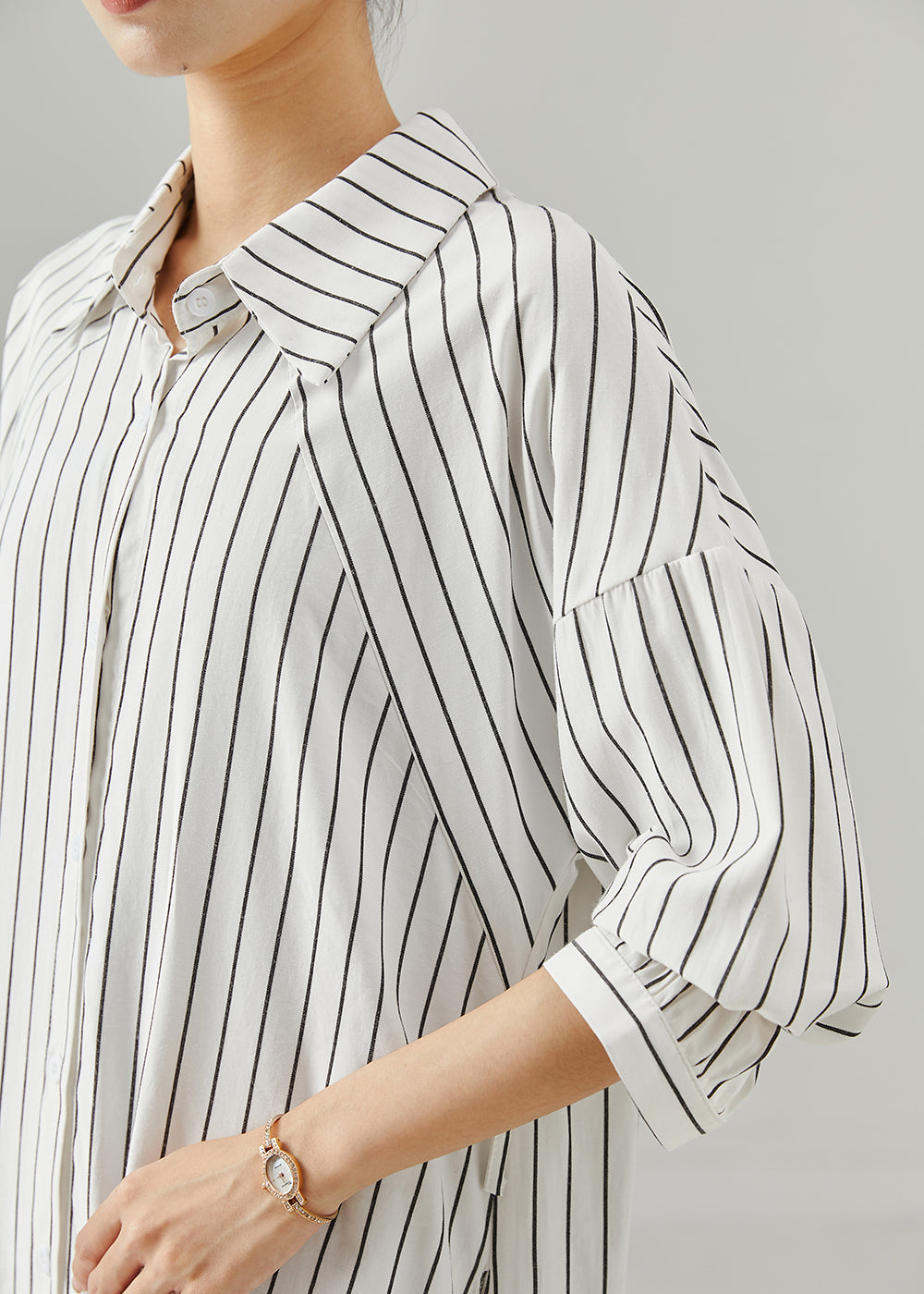 White Peter Pan Collar Striped Cotton Shirt Dresses Spring