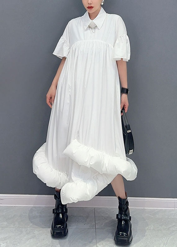 White Peter Pan Collar Wrinkled Patchwork Cotton Shirts Dress Summer