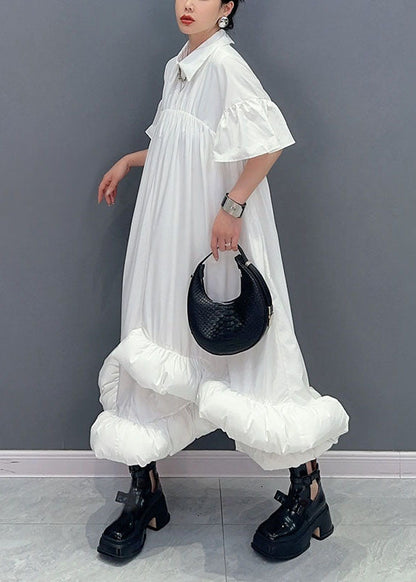 White Peter Pan Collar Wrinkled Patchwork Cotton Shirts Dress Summer