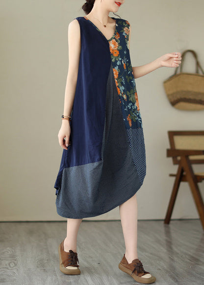 White Plaid Asymmetrical Print Cotton Dress Sleeveless