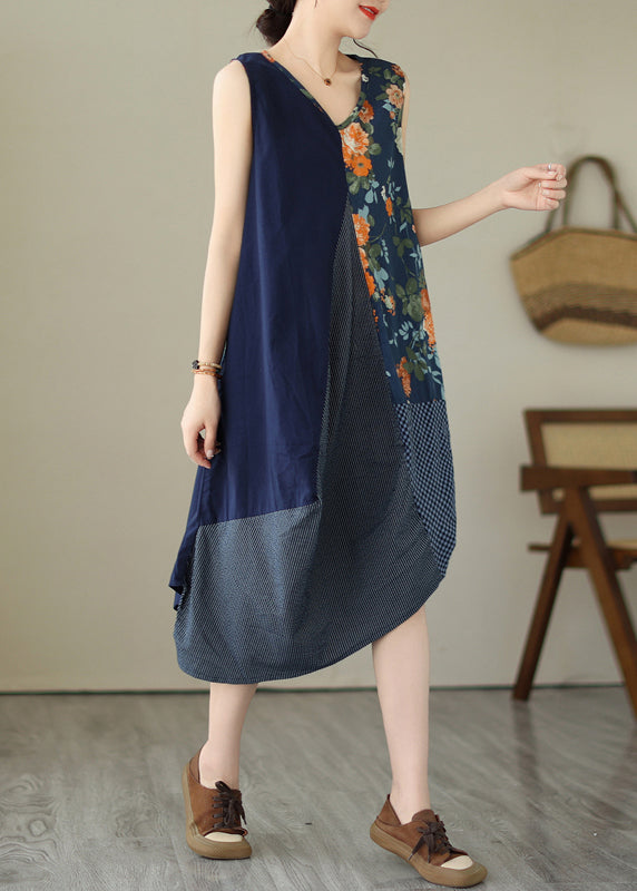 White Plaid Asymmetrical Print Cotton Dress Sleeveless