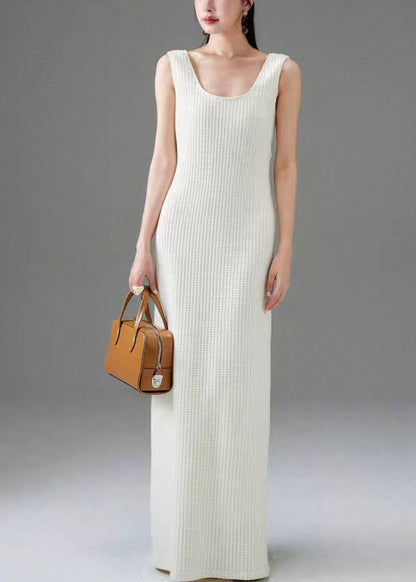 White Plaid Cotton Long Dress Sleeveless