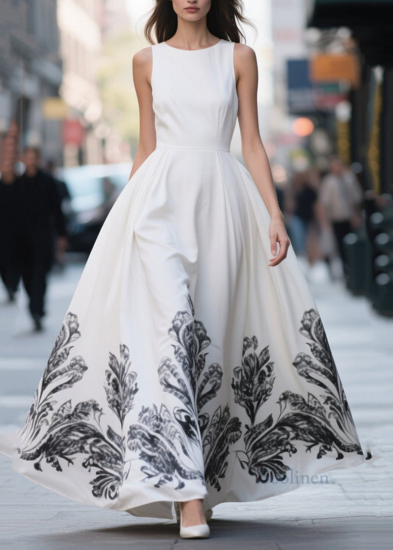 White Print Exra Large Hem Chiffon Party Dresses Summer