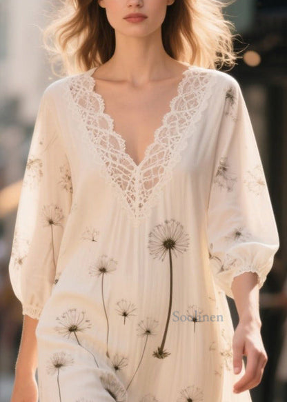 White Print Patchwork Chiffon Long Dress Bracelet Sleeve