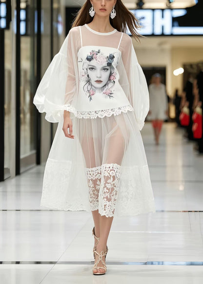 White Print Patchwork Lace Perspective Dress Lantern Sleeve