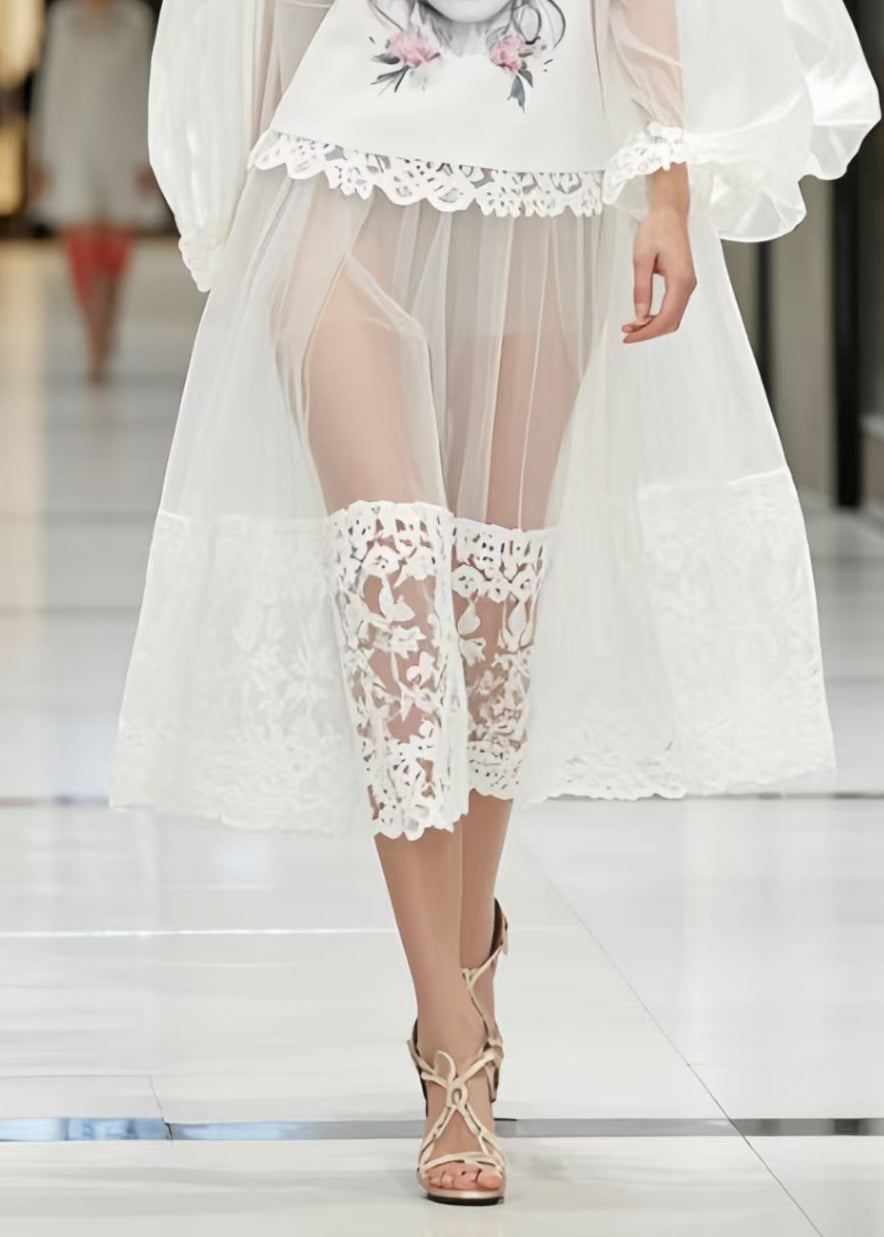 White Print Patchwork Lace Perspective Dress Lantern Sleeve