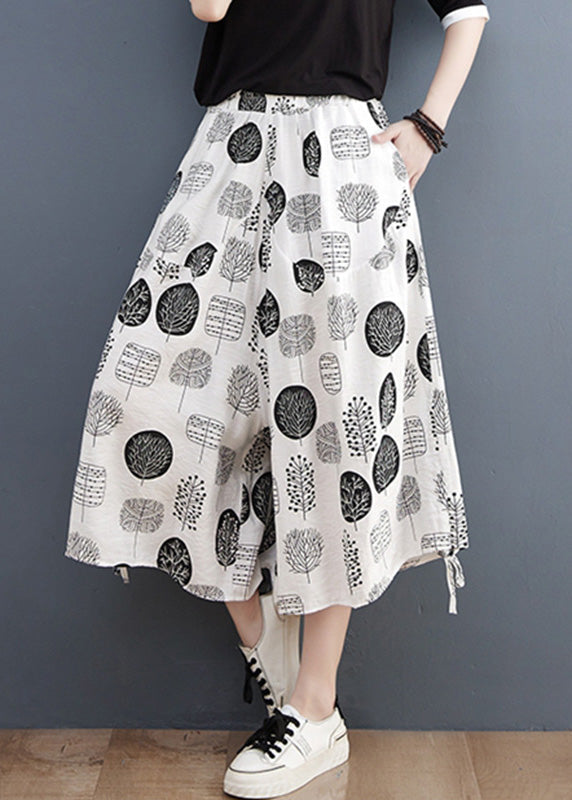 White Print Tie Crop Pants Summer