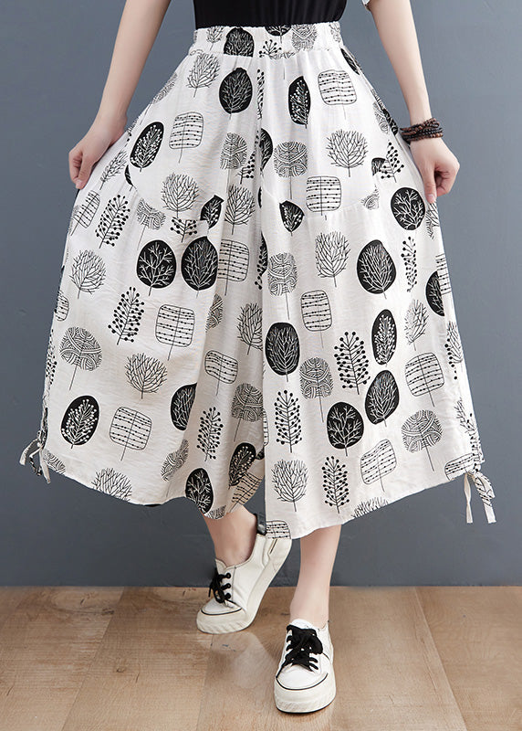 White Print Tie Crop Pants Summer