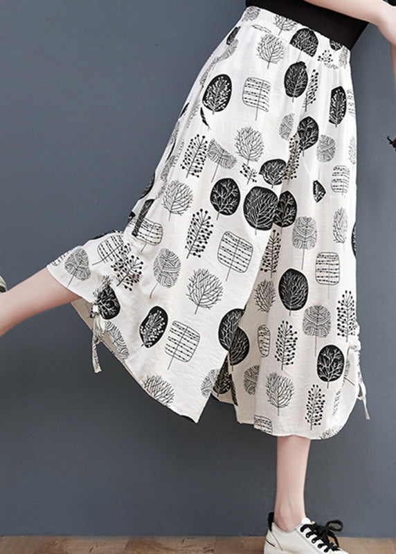 White Print Tie Crop Pants Summer