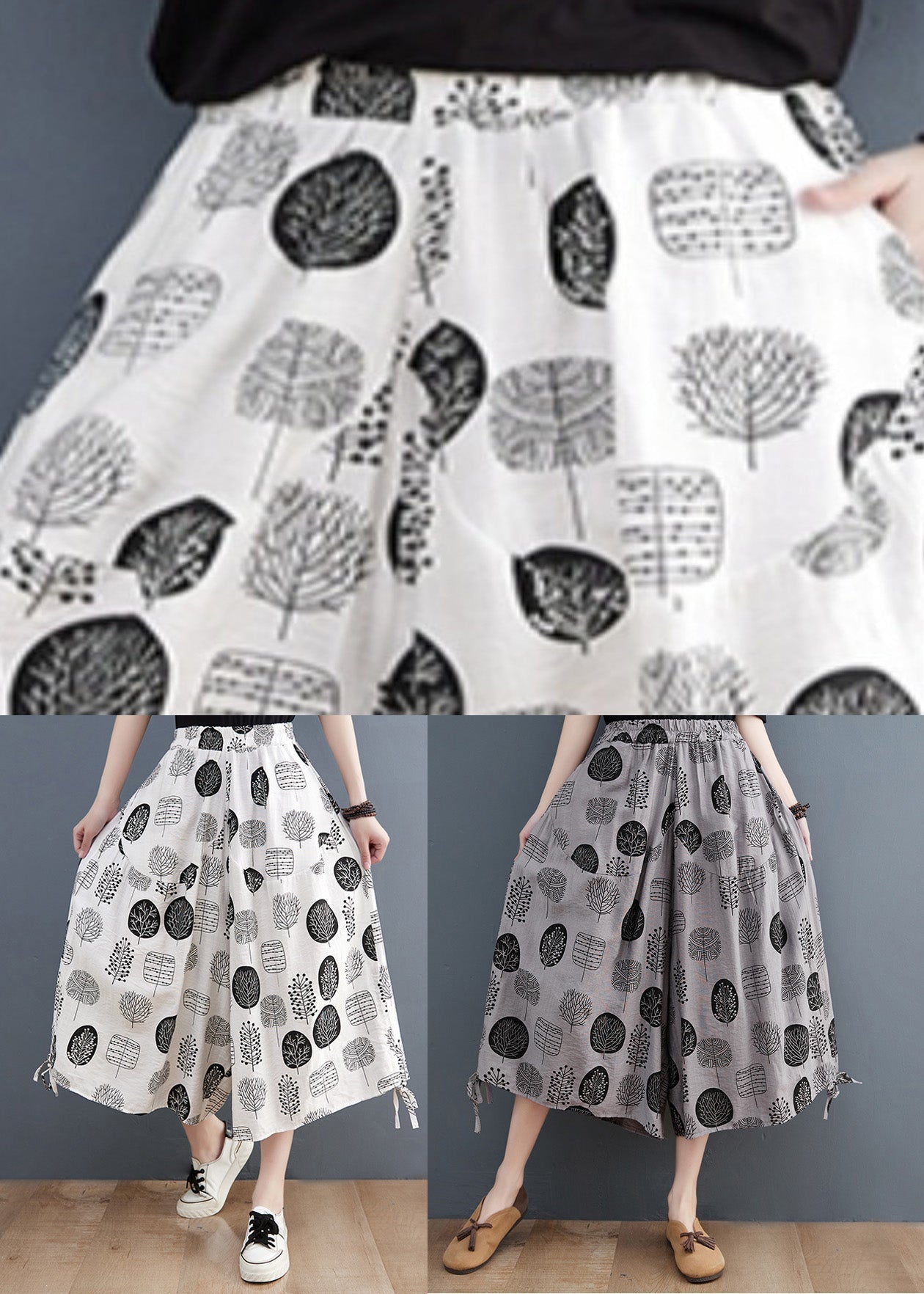 White Print Tie Crop Pants Summer