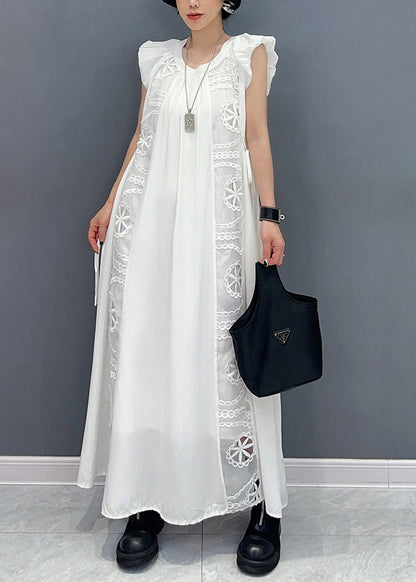 White Puff Sleeve Patchwork Lace a Line Dress Sleeveless