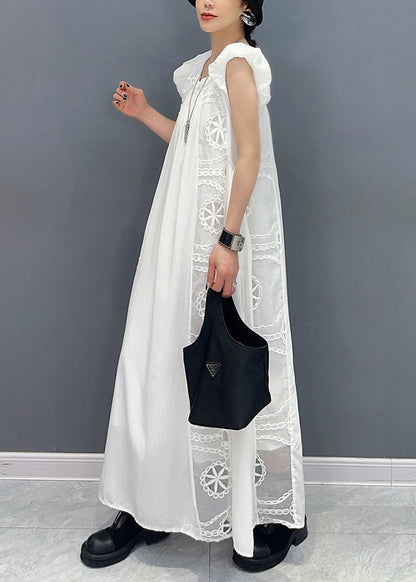 White Puff Sleeve Patchwork Lace a Line Dress Sleeveless