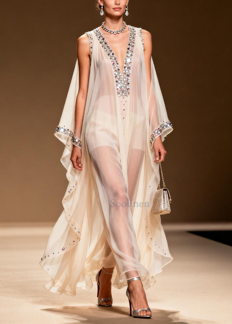 White Rhinestone Draping Chiffon Sheer Dress Sleeveless
