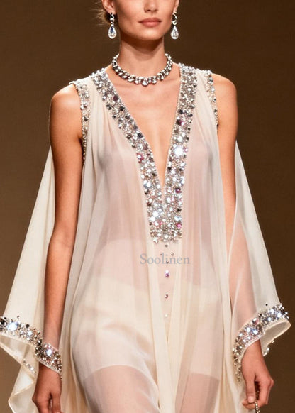 White Rhinestone Draping Chiffon Sheer Dress Sleeveless