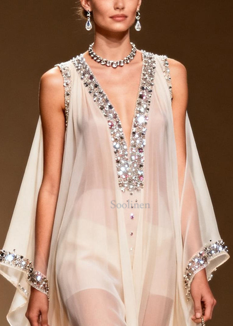 White Rhinestone Draping Chiffon Sheer Dress Sleeveless