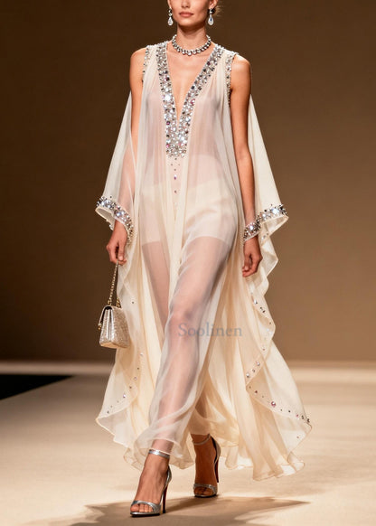 White Rhinestone Draping Chiffon Sheer Dress Sleeveless