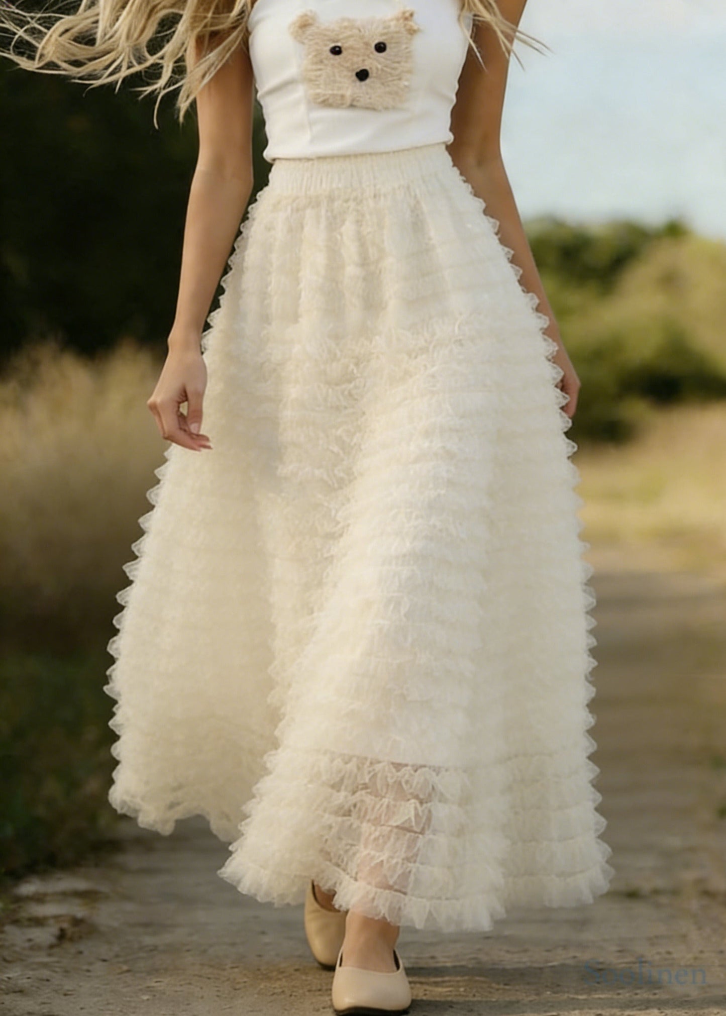 White Ruffled Elastic Waist Tulle a Line Skirts Spring