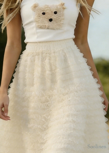 White Ruffled Elastic Waist Tulle a Line Skirts Spring