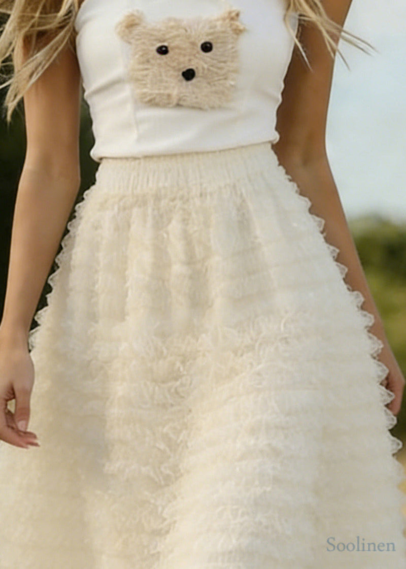 White Ruffled Elastic Waist Tulle a Line Skirts Spring
