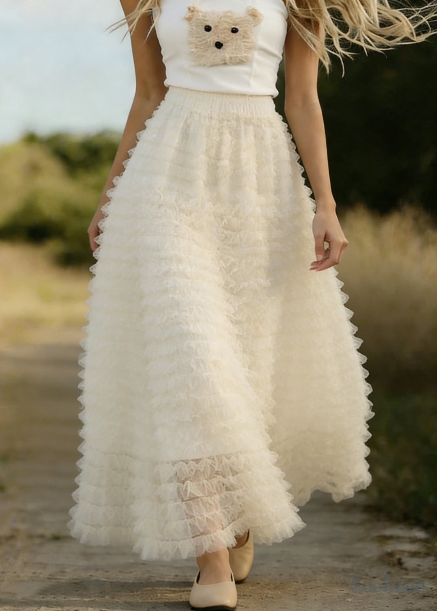 White Ruffled Elastic Waist Tulle a Line Skirts Spring
