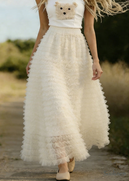 White Ruffled Elastic Waist Tulle a Line Skirts Spring
