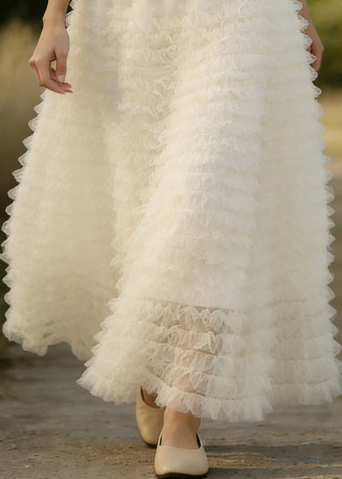 White Ruffled Elastic Waist Tulle a Line Skirts Spring
