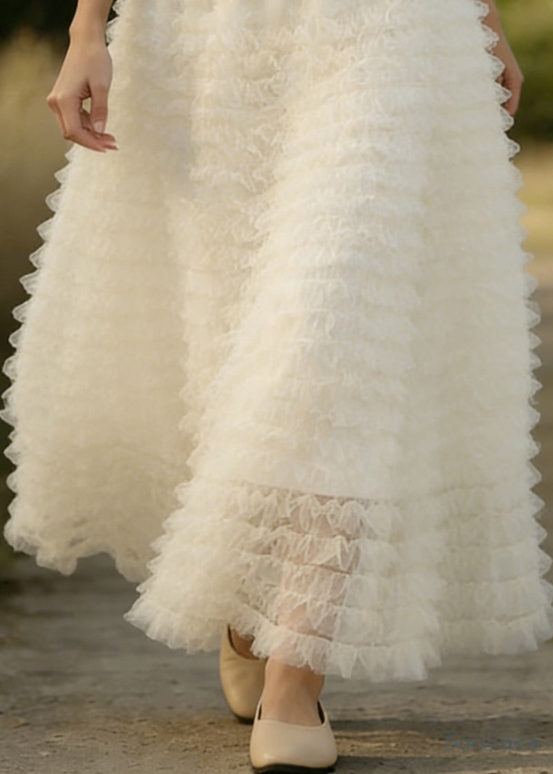 White Ruffled Elastic Waist Tulle a Line Skirts Spring