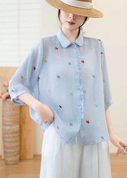 White Ruffled Embroidered Linen Blouse Top Summer